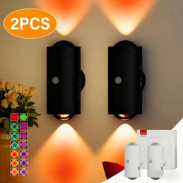 LED Motion Sensor Night Light, 7 Colors Rechargeable Battery Stair Light, Wireless Magnetic Wall Lamp, Cordless LED Wall Night Lights For Steps, Bedroom, Hallway, Courtyard, Holiday Decor, 2-Pack