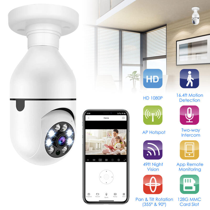 1Pc E27 WiFi Bulb Camera 1080P FHD WiFi IP Pan Tilt Security Surveillance Camera With Two-Way Audio Full Color Night Vision Flood Light Motion Tracking Siren Function APP Control