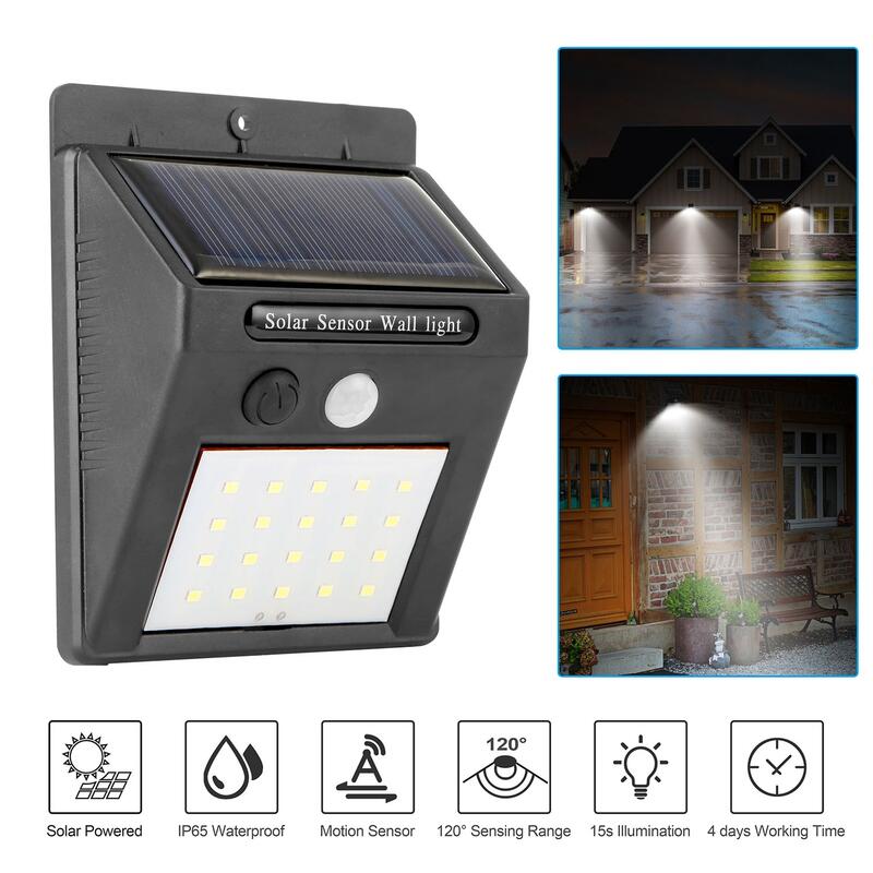 1Pc Solar Light 20 LEDs Outdoor PIR Motion Sensor Lights IP65 Waterproof 120 Degree Sensing Wide Angle Lighting For Garage Front Door Garden Pathway